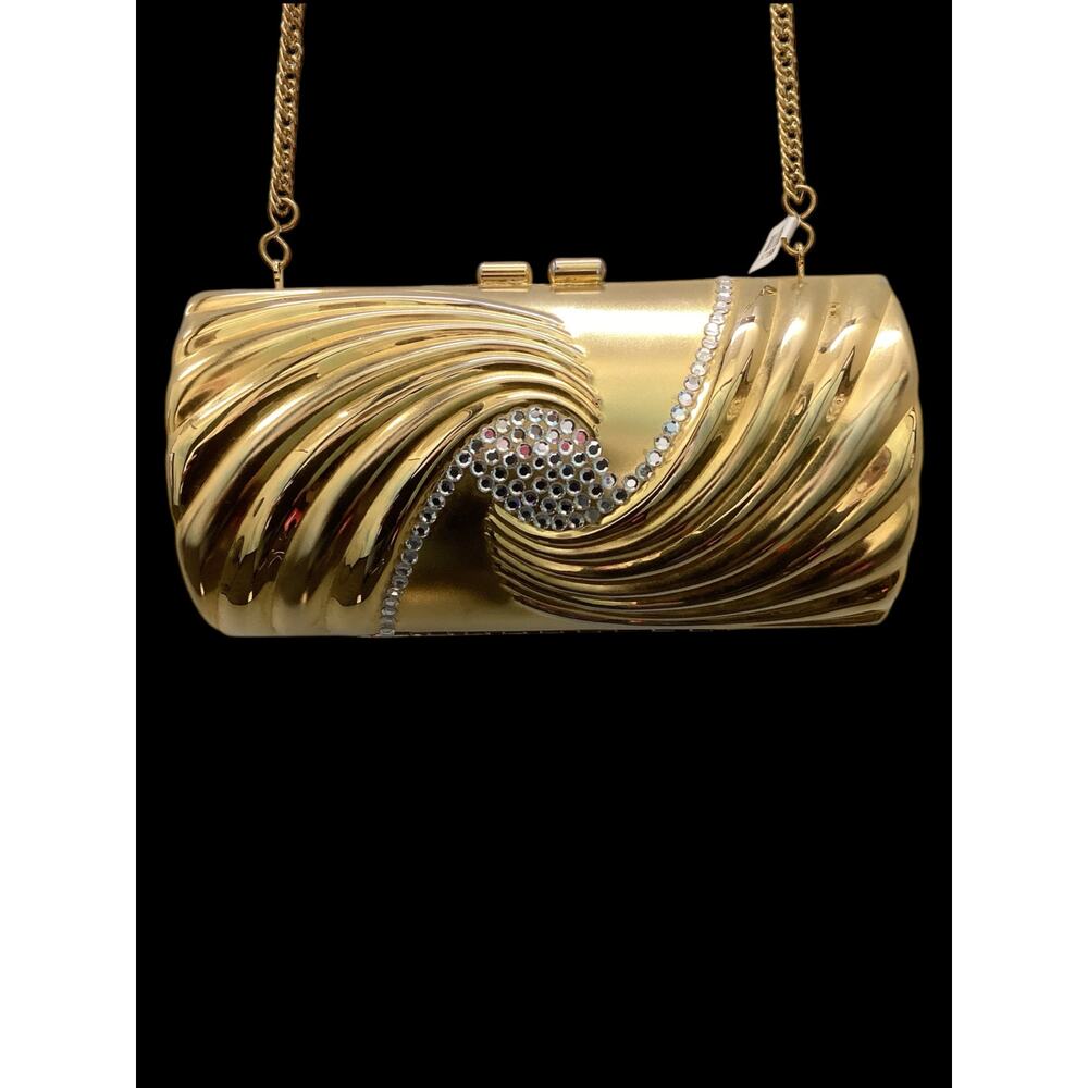 Great Women’s Evening Metal Cylinder Shoulder Bag Gold Tone With Gold Chain